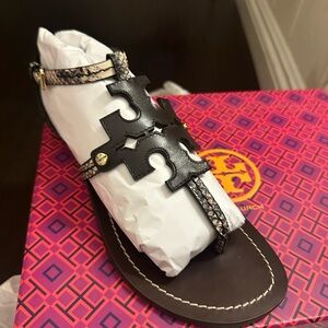 Tory Burch Black and Ivory Chandler Flat Sandals